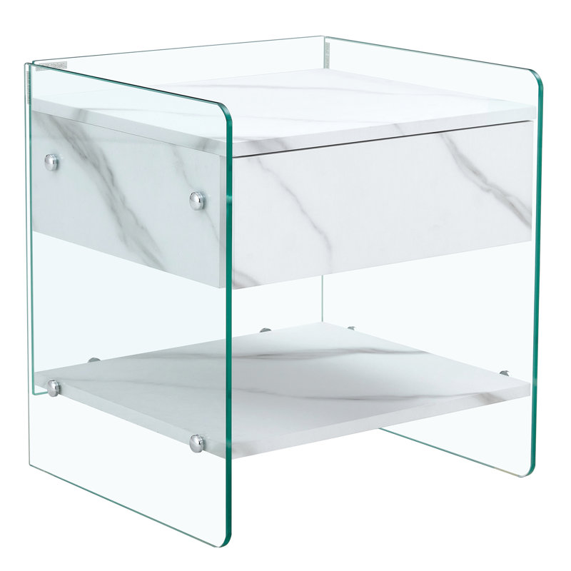 Table de chevet blanche avec tiroir et verre, élégante table de rangement pratique, 1 tiroir pour la chambre à coucher