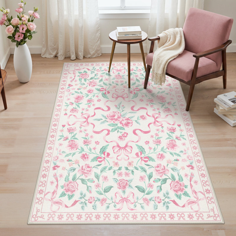 Atascadero Rosette & Bow Area Rug, French Country Floral Soft Kid Rug, Machine Washable, Inspired Faux Wool - High-Rebound Foam & Non-Slip Backing