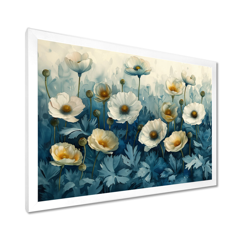 Blanc, bleu, jardin, fête, coquelicots - coquelicots, art mural, Toile encadrée blanche avec une seule photo