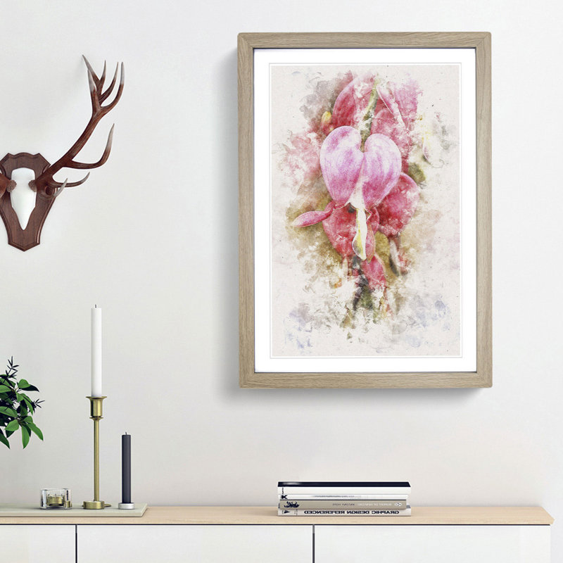 Pink Bleeding Heart Flowers - Picture Frame Painting Print, 45cm H x 33cm W x 2cm D, Oak Framed
