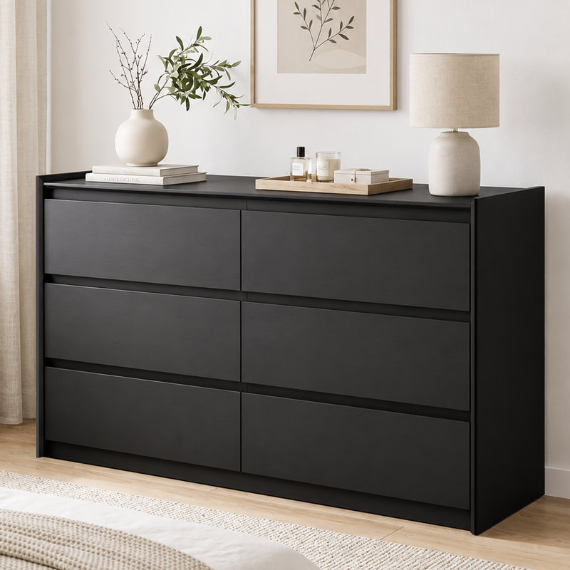 Commode double moderne avec tiroir noir, Noir, 47"