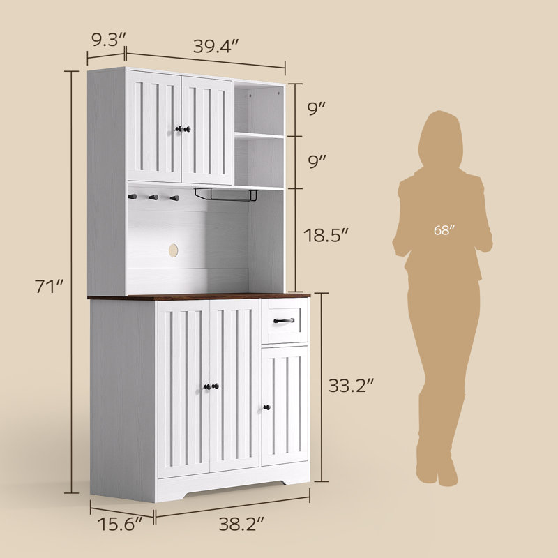 Armoire de rangement pour garde-manger autoportante 71 po H avec porte-bouteilles, 5 portes et tablettes réglables