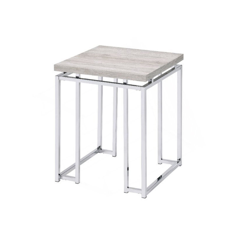 Table de bout carrée avec base en métal, chêne naturel et chrome