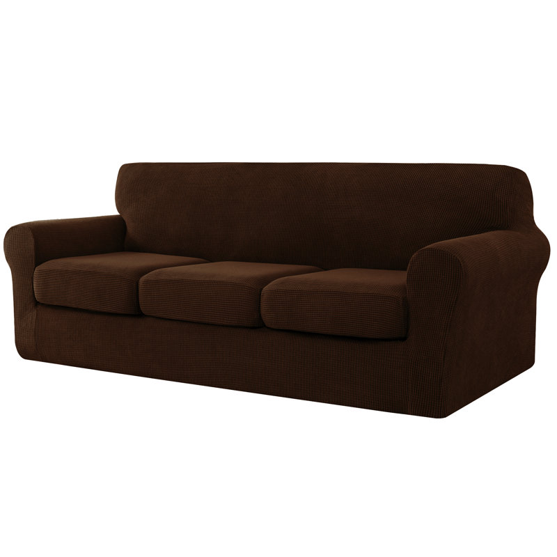 Textured Grid Soft Stretch Separate Box Cushion Sofa Slipcover, 104cm H x 235cm W x 107cm D, Chocolate
