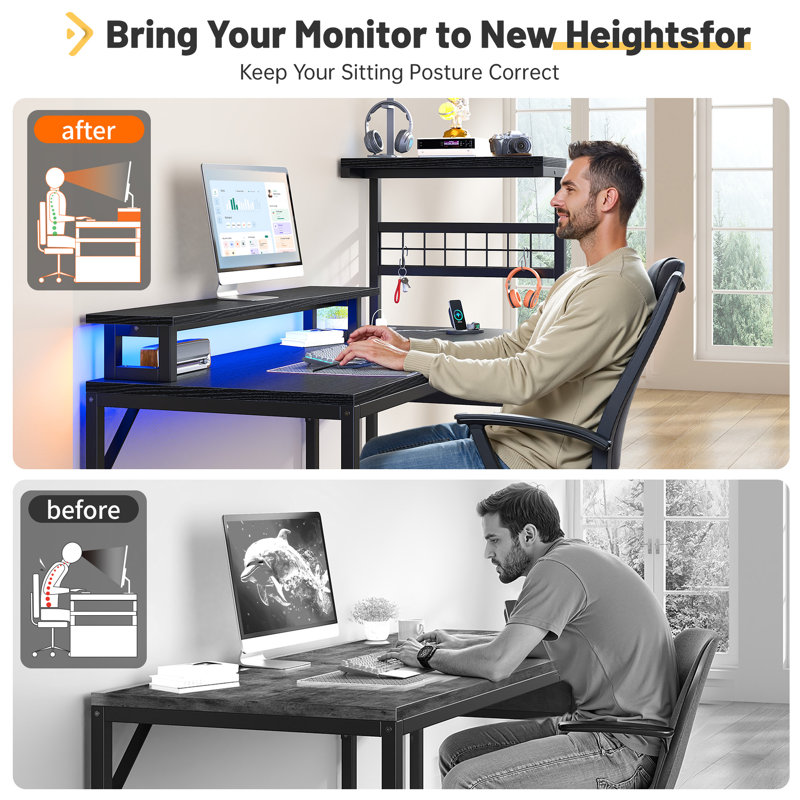 Computer Gaming Desk With Led Light & Drawers & Reversible Shelves, Black, 51.2" H x 48" W x 19.7" D