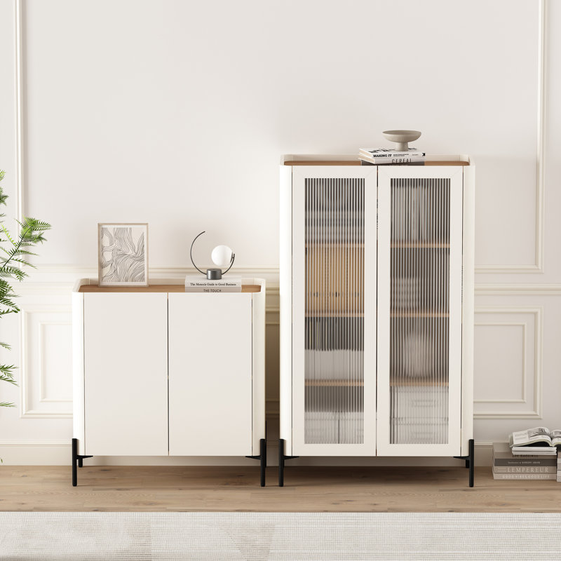 Abbey 2-Piece Modern Accent Cabinet and Décor Ribbed Tempered Glass Cabinet with Adjustable Shelves in Maple and Off White
