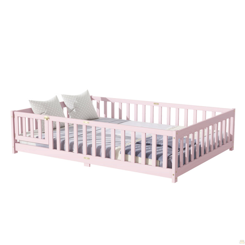 Lit double pleine grandeur avec clôture et porte, lit en bois d'hévéa, Full, Pink