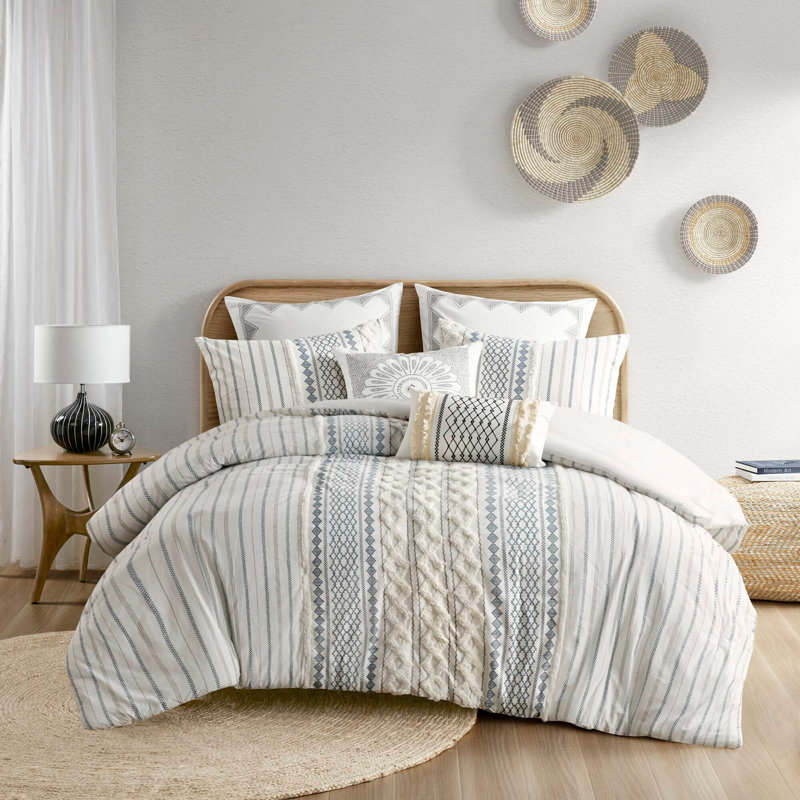 Ensemble d'édredon en coton avec chenille blanc / bleu marine, Très grand édredon