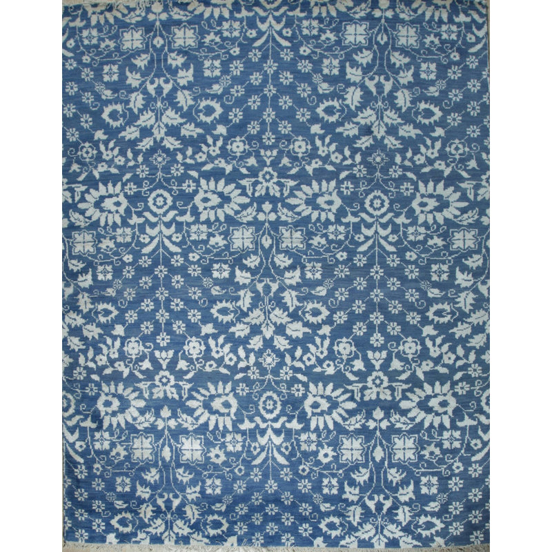Hand-Knotted Blue Wool Traditional Floral Oushak Area Rug
