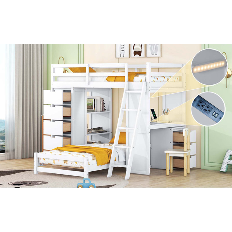 Lit superposé avec lumière DEL et ports USB, Blanc