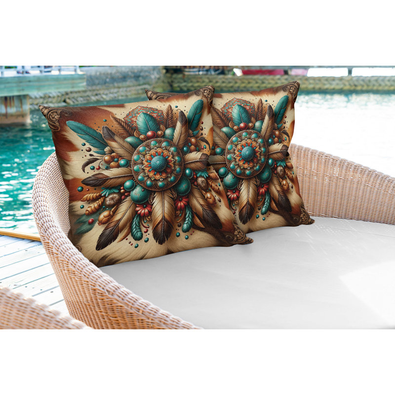 Teal and Cinnamon Brown Boho Feather Mandala Square Pillow Covers