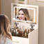 Meuble-lavabo 3 en 1 avec miroir ouvert, petit ensemble de coiffeuse avec bureau en verre visible, coiffeuse compacte avec 3 tiroirs, coiffeuse pour chambre à coucher