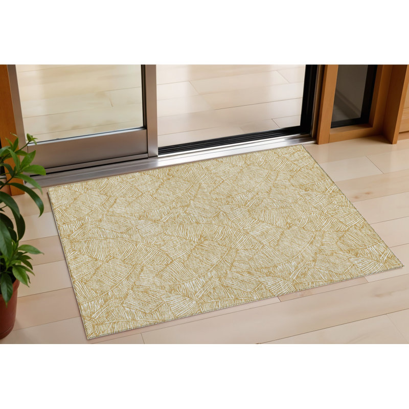 3' X 5' Gold And Beige Floral Washable Indoor Outdoor Area Rug