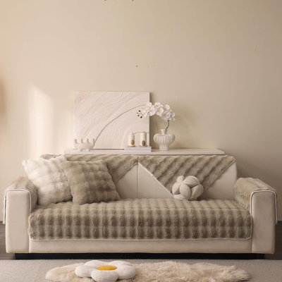 Plush Faux Fur Sofa Cover – Khaki – 1-Piece, 36"X82", Thick And Warm, Non-Slip, Sectional 3-Cushion Furniture Protector For Pets
