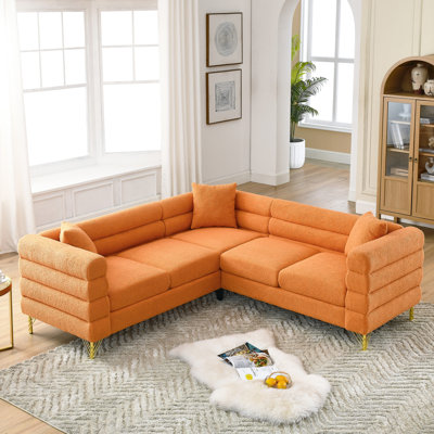 81.5-Inch L-Shaped Sectional Couch, 5 Corner For Various Rooms. Streamline Modern Appeal With Fine Curved Lines And Extended Horizontal Traits. Solid Wood Metal Construction. 3 Cushions Pillows.