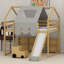 Lit mezzanine peu encombrant avec structure en forme de maison et tente-824370818