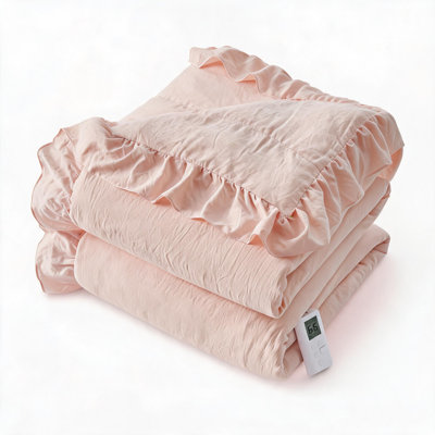 Fast Heating Electric Comforter - Wireless LCD Controller - 6 Heat Levels & Timer - Overheat Protection - ETL Certified - Ruffled Edges - Queen/King 90x90 Inches - White