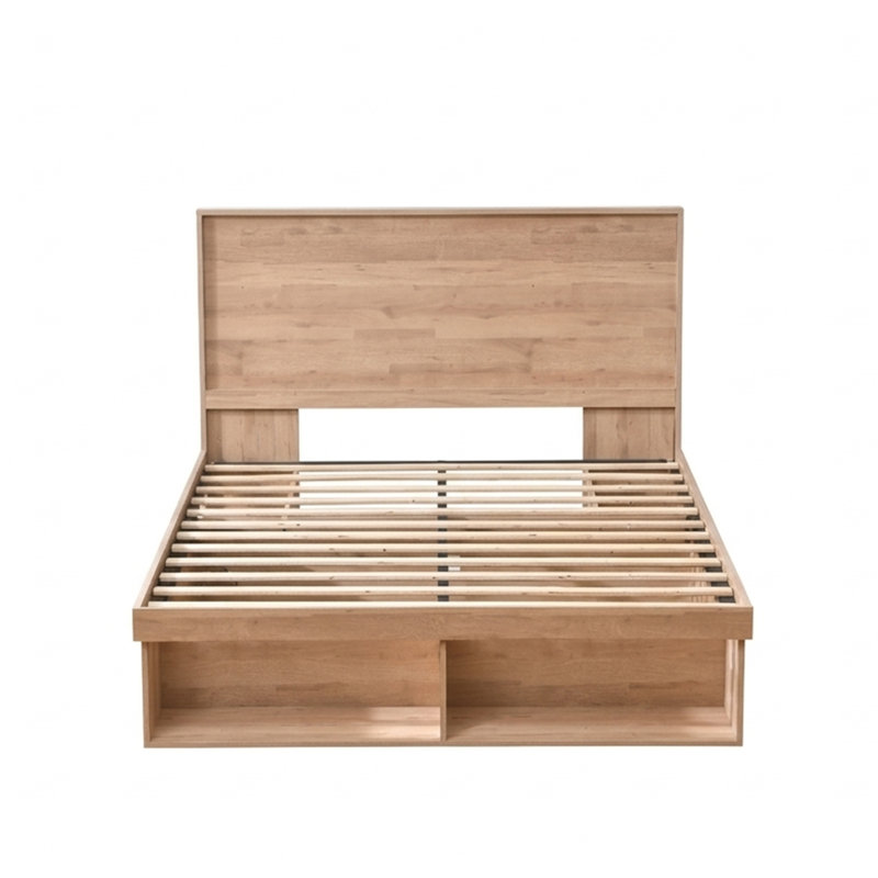 Lit plateforme moderne en bois de style champêtre avec tête de lit à panneaux et système de rangement à trois zones, Queen, chêne clair