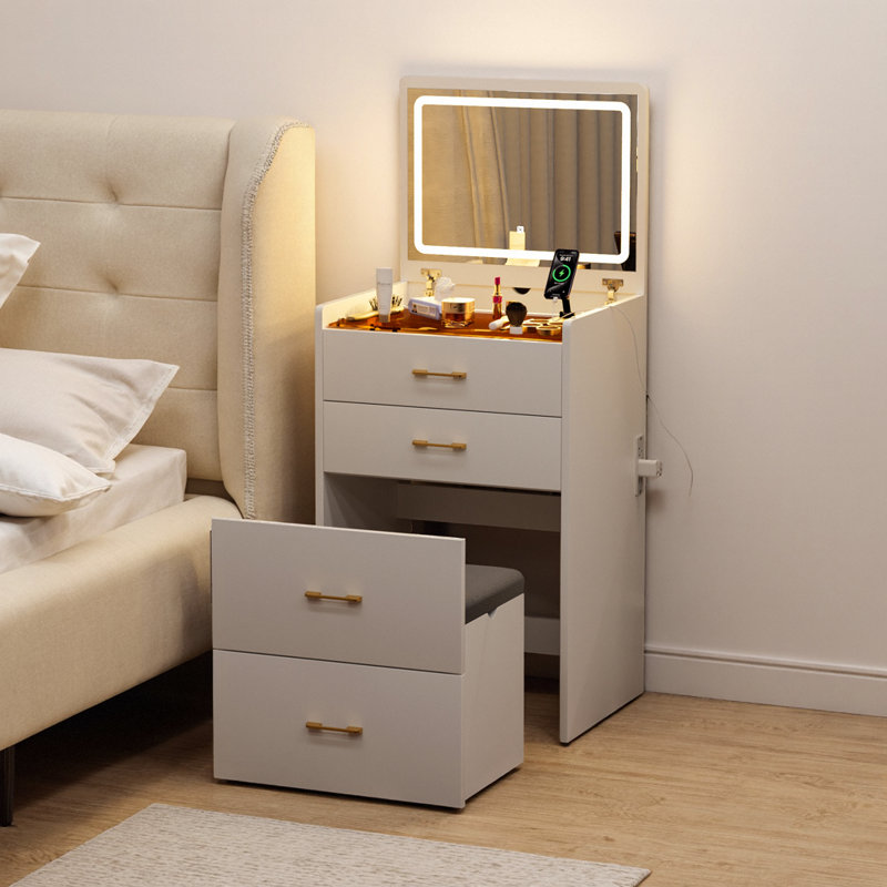 3-in-1 Glass-Top Vanity – Flip Mirror, Charging Station, Hidden Tall-Bottle Cubby, Stool with Drawer, Nightstand Mode, Pure White
