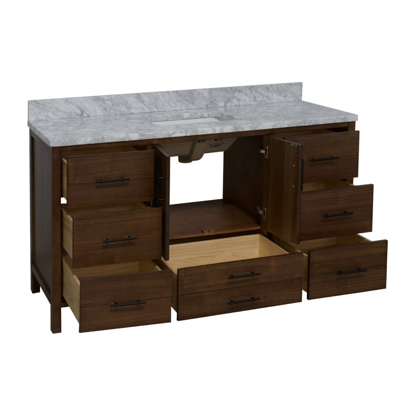 Ensemble de meuble-lavabo simple 60 po Kiara, Placage noyer, Marbre de Carrare