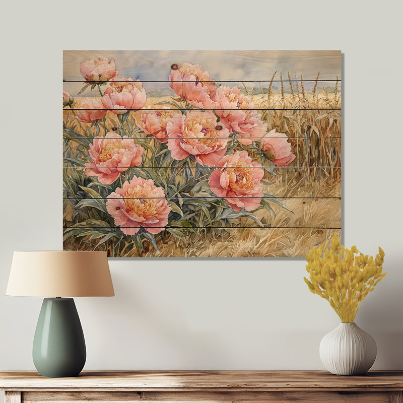 Paysage de pivoines le long du champ de maïs I - Art mural en bois pivoines - sur bois de pin naturel
