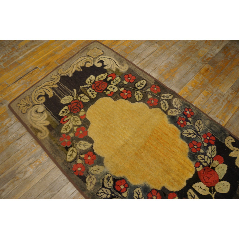 Antique Solid Yellow Gold Color Open Field Small American Folk Art Hooked Rug