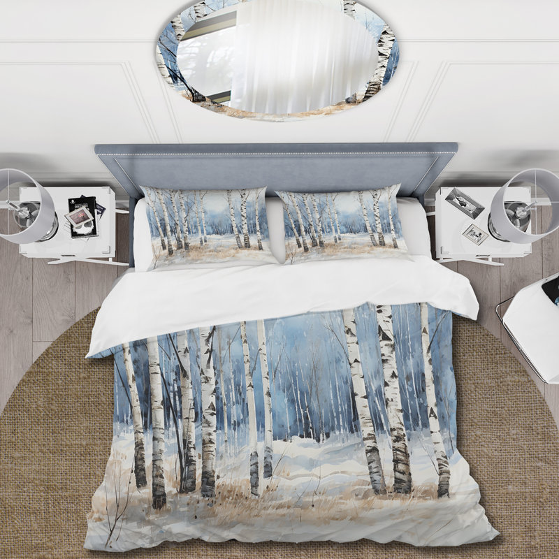 Bois de bouleau blanc et bleu en hiver - Ensemble de housse de couette floral - Polyester en microfibre