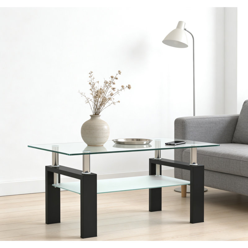 Rectangle Glass Coffee Table, Clear Coffee Table, Modern Side Center Tables For Living Room, Living Room Furniture, White