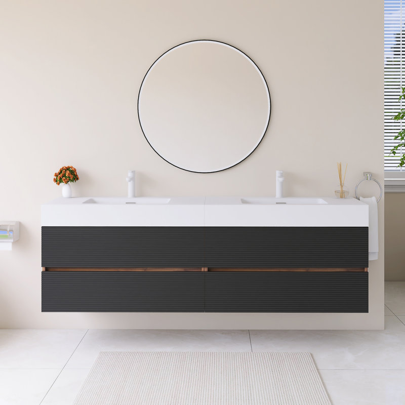 Meuble-lavabo mural 72 po avec lavabo à surface solide blanc, 72"