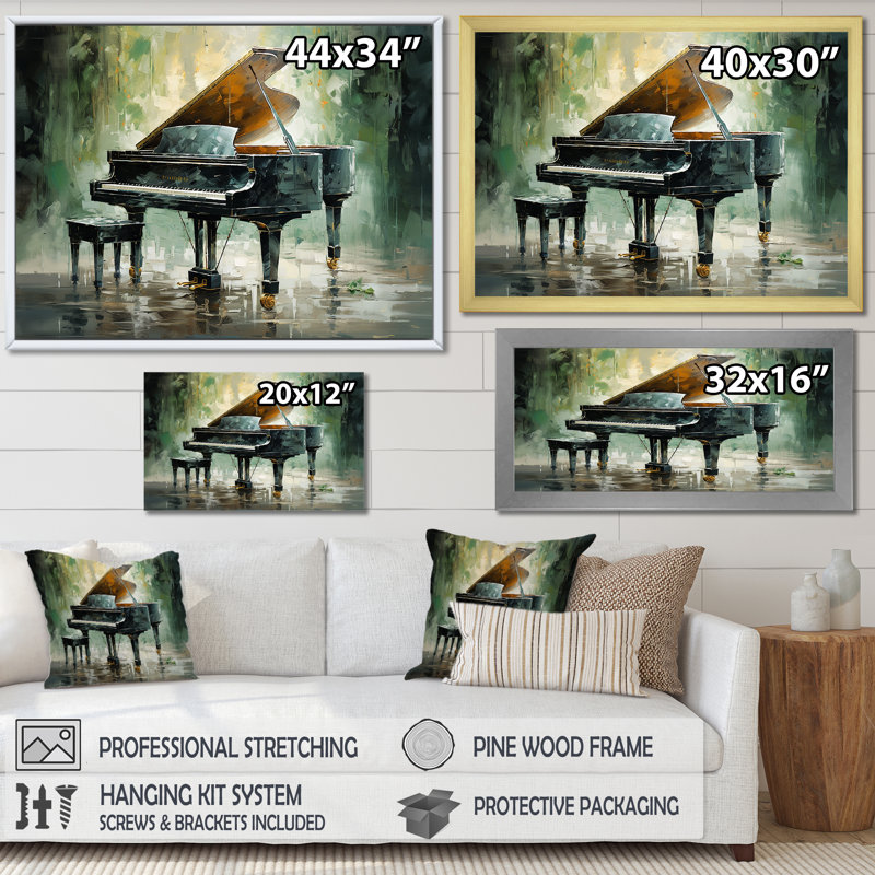 «Green Piano Impressionist», reproduction d'art sur toile, Cadre flottant noir, H 34 po x l 44 po x P 1,5 po