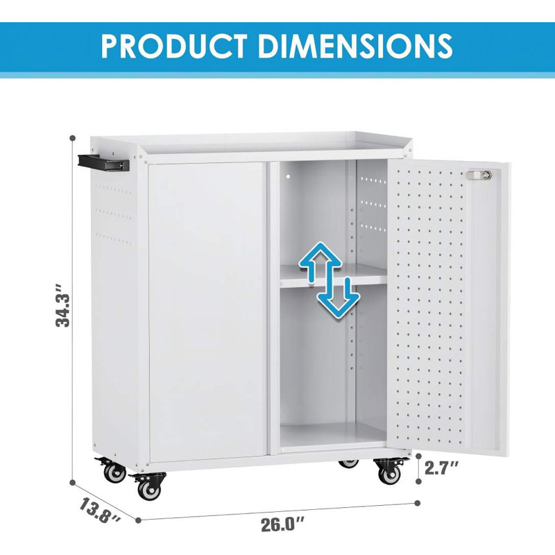 Metal Storage Cabinet with Wheels, Rolling Storage Cabinet with 2 Doors and Adjustable Shelves, Pegboard and 4 Hooks, white