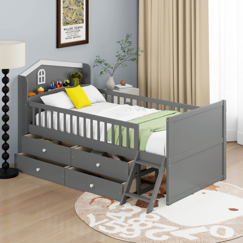 Lit plateforme simple pour enfant avec tête de lit et échelle garde-corps, lit Montessori, base de lit en bois avec 4 tiroirs