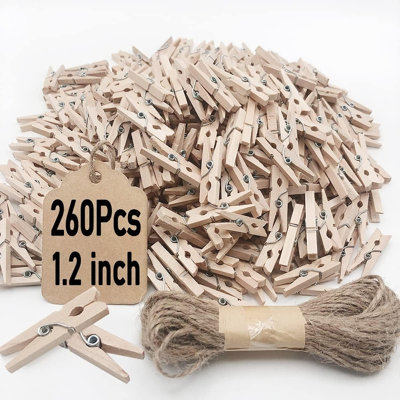 Paquet de 260 mini pinces à linge en bois, petits clips photo avec ficelle en jute pour l'artisanat, les projets de bricolage et les décorations