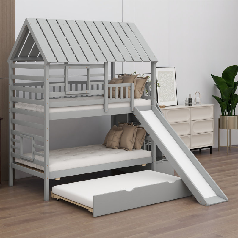 House Bunk Bed With Trundle And Slide, Storage Staircase, Roof And Window Design, Gray