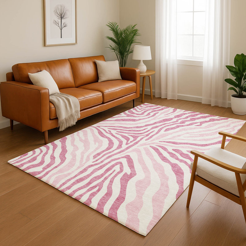 Tapis à imprimé animal de qualité supérieure lavable à la machine Villers, Rose, 5 pi x 7 pi 6 po