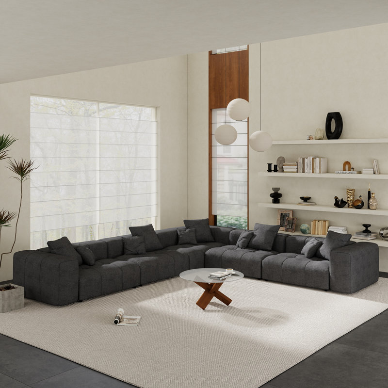 Kay Crumley Upholstered Boneless Modern Linen Blend Fabric Sectional Sofa, Black Linen Blend, 24.8" H x 144.17" W x 132.30" D