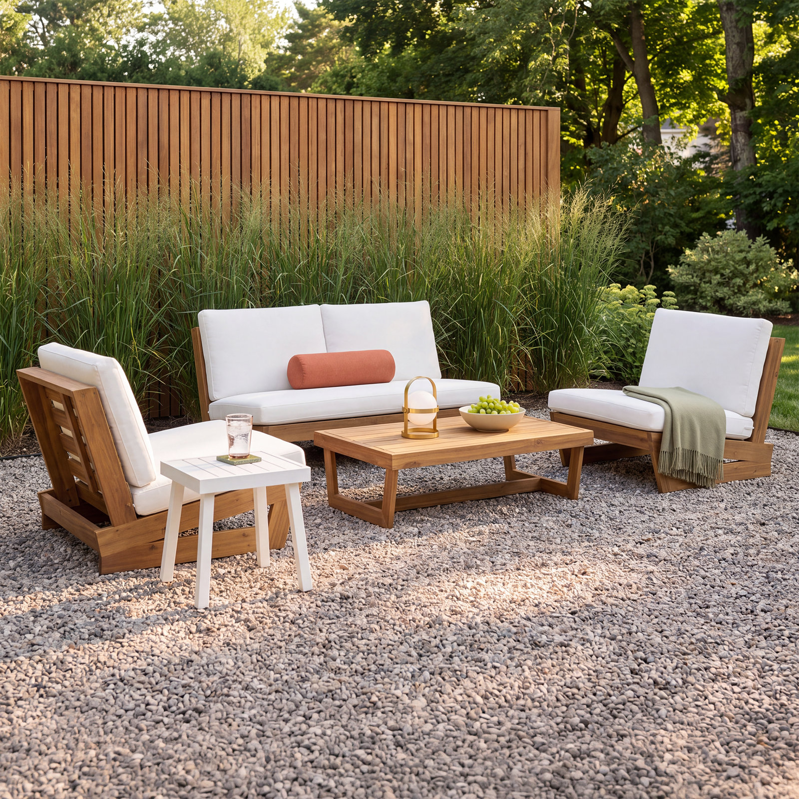 Louise Acacia 4 - Person Patio Conversation Set with Cushions, Teak Frame/White Cushion