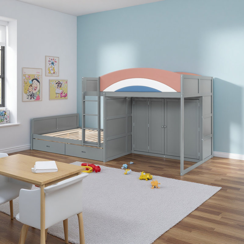 Full Size Offset Bunk Bed With Wardrobe & Drawers, Upholstered Guardrail, Built-In Hanging Rod, Gray