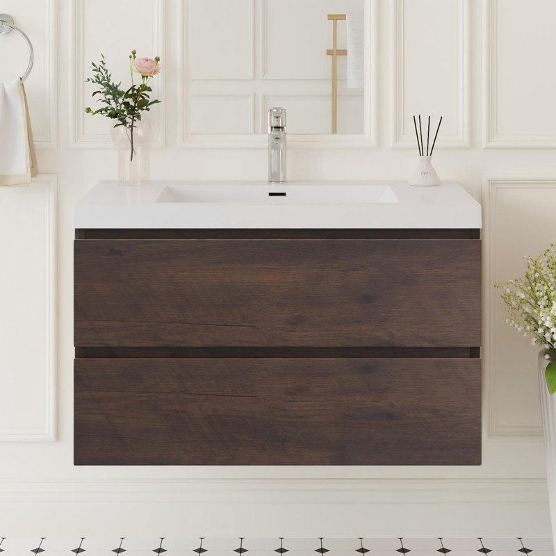 Meuble-lavabo mural moderne 36 po avec plateau en résine intégré, 2 tiroirs à fermeture en douceur, assemblage complet, bois de rose