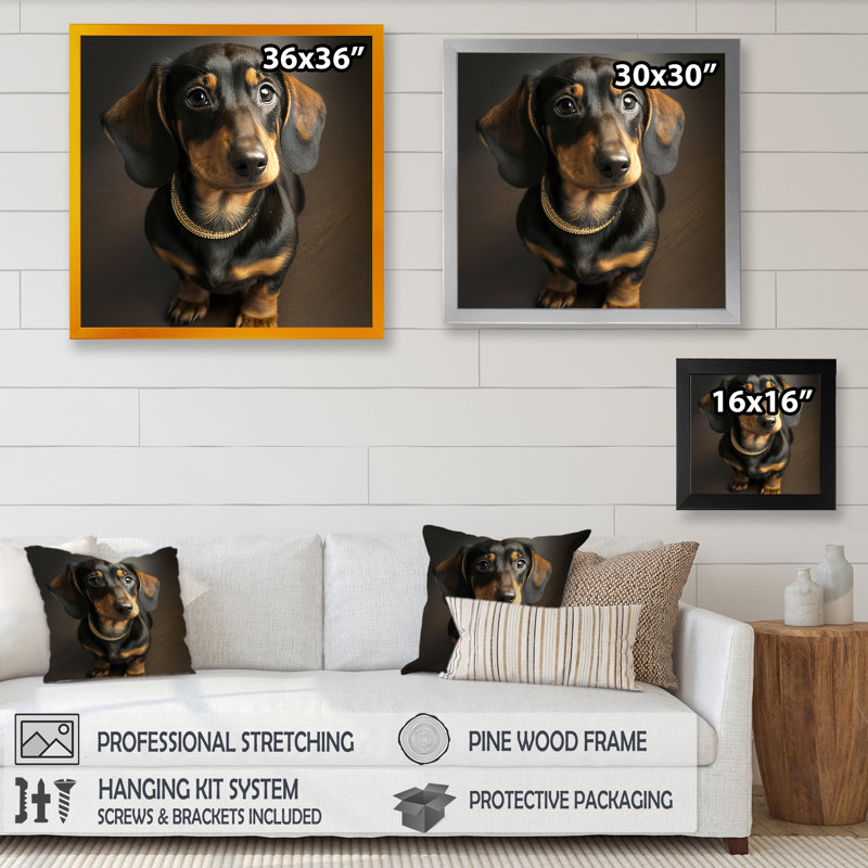 Portrait de Daschund - reproduction sur toile, Impression noire sur toile encadrée, H 16 po x l 16 po x P 1 po