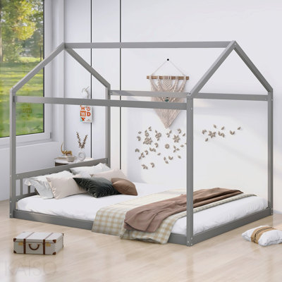 Grand lit maison en bois avec tête de lit, gris
