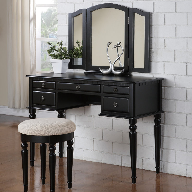 Bedroom Contemporary Vanity Set W Foldable Mirror Stool Drawers  Color, Black