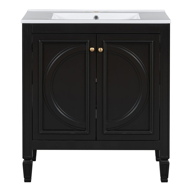 [Vidéo] Ensemble de meuble-lavabo 60 po avec lavabo double, lavabo en céramique, portes à fermeture en douceur avec tablette, tiroir de rangement, noir