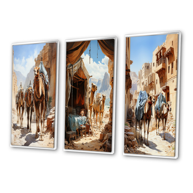 «Asian Art Silk Road», 3 pièces sur toile, Cadre blanc, H 40 po x l 60 po