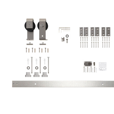 Brushed Nickel Color Bi-Folding Sliding Barn Door Hardware Top Mount Two Doors Kit - T-shape Design Roller (Doors Not Included)