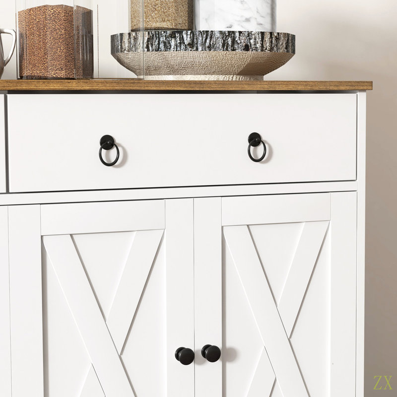 Buffet, armoire à buffet avec 2 tiroirs, 2 armoires de rangement, 4 portes de style grange et tablettes réglables, table de ferme avec rangement