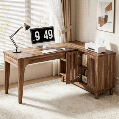 57" L-Shaped Corner Desk, Wood Computer Desk With Cabinet & Storage Shelves