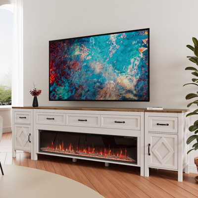 Meuble télé avec foyer pour téléviseur de 100 po ou moins Farmhouse, centre de divertissement avec foyer électrique de 60 po, console de télévision 98 po avec tiroirs de rangement pour le salon (blanc cassé)