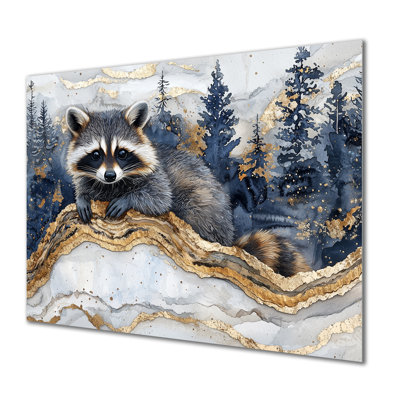 Mignon raton laveur dans la forêt d'hiver III - décoration murale en métal raton laveur, reproduction d'art moderne en métal
