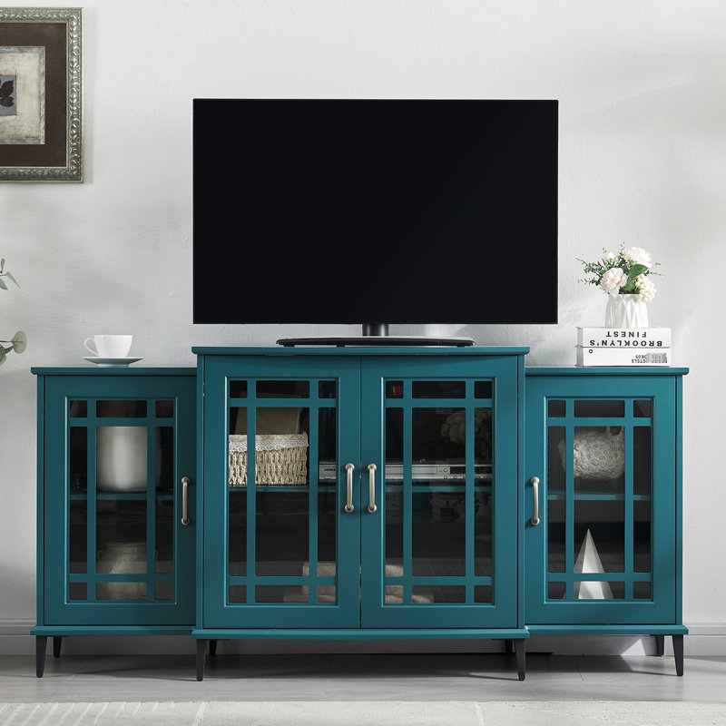 62" Tv Stand In Teal Blue, With Adjustable Storage And Stable Metal Base Featuring 8 Legs For Stability